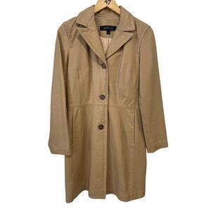 Siena Studio Leather Coat Size Small Button Front Long Sleeve Tan Neutral Formal